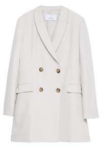 Dubbelzijdige witte blazer met een notch-kraag, voorzien van gouden knopen, zijzakken en een gestructureerde silhoeet. Gladde textuur.