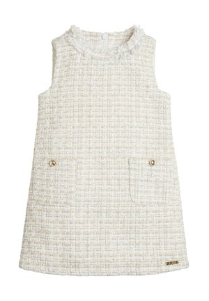 Ærmeløs kjole lavet af tekstureret cremefarvet tweed med guldfarvede trådaccents, udstyret med to forlommer og en rund krave med flæsekant.