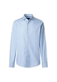Light blue long-sleeve button-up shirt with a spread collar, vertical pinstripes, and pearlescent buttons on the front and cuffs.