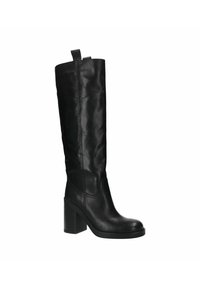 Botte noire en cuir montante jusqu'au genou avec un talon épais, texture lisse, bout arrondi et une tirette en haut pour un enfilage facile.