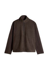 Pull en polaire marron foncé avec un col montant. Doté d'une fermeture éclair à l'avant, de manches longues et d'une coupe oversize avec une texture douce.