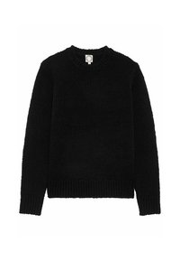 Pull en maille noire avec un col rond et des manches longues. Présente un tissu texturé et un ourlet côtelé pour plus de détail.