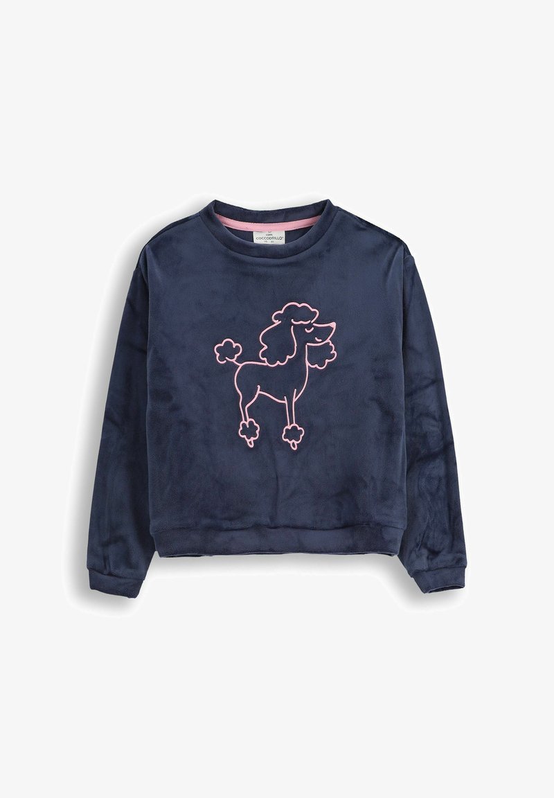 Granatowy welurowy sweatshirt z różowym graficznym wzorem pudla. Posiada okrągły dekolt, długie rękawy i skrócony krój. Miękka tekstura.