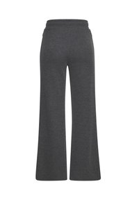Gray wide-leg pants with a smooth texture, featuring a high waistband and no visible hardware or patterns. Back view shown.