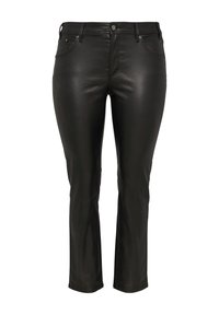 Schwarze Kunstlederjeans mit schmaler Passform, Fünf-Taschen-Design und dezenten Steppnähten. Cropped-Länge mit leicht ausgestelltem Saum.