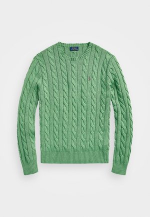 Grüner Pullover mit Rundhalsausschnitt und Kabelstrickmuster, mit gerippten Bündchen und Saum, versehen mit dem Polo Ralph Lauren Logo auf der Brust.