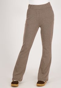 Houndstooth-patroon pantalons met een elastische tailleband, rechte benen en een zachte, gestructureerde stof in bruin en crème kleuren.