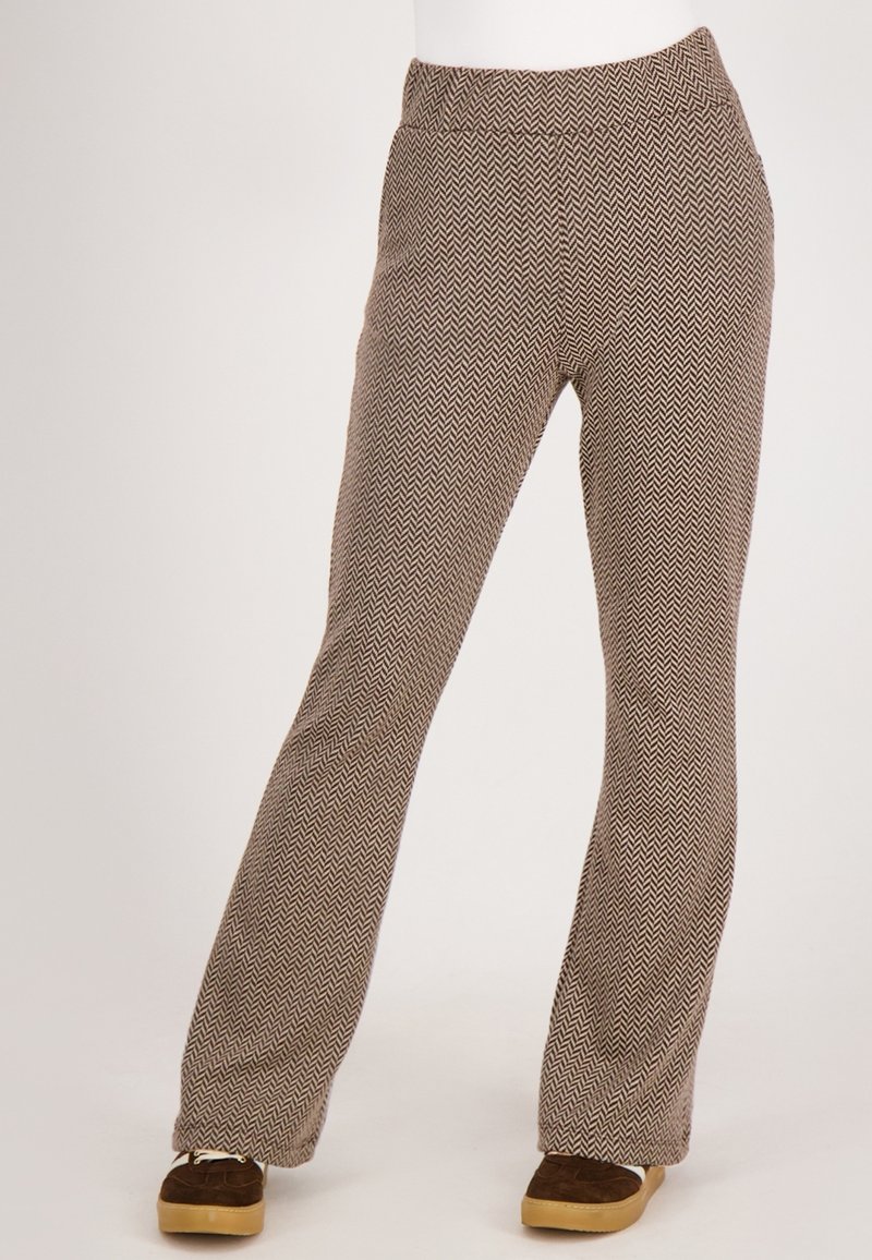 Houndstooth-patroon pantalons met een elastische tailleband, rechte benen en een zachte, gestructureerde stof in bruin en crème kleuren.