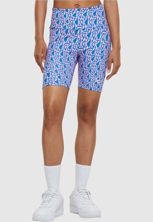 Hög midja cykelshorts i blått med ett rosa geometriskt logomönster; tillverkade av stretchigt, andningsbart tyg för komfort.