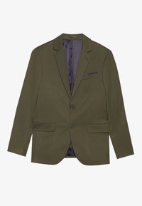 Olivgrüner Blazer mit einer Zwei-Knopfleiste, Reverskragen, zwei frontalen Taschen und einem kontrastierenden lila Satinfutter.
