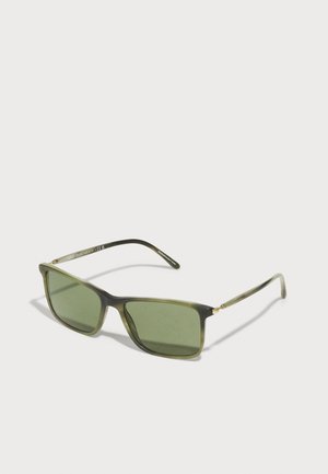 Rectangular sunglasses with green tinted lenses. Frames feature a gradient from dark to light green. Accent gold detail on hinges.
