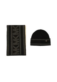 Sciarpa di maglia nera con accenti dorati, caratterizzata da un motivo di lettere. Berretto di maglia nera con una fascia decorativa che presenta piccoli dettagli bianchi.