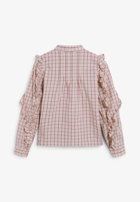 Camisa de cuadros en rosa claro y blanco, con mangas con volantes y cierre de botones. Tela de algodón suave con un cuello clásico.