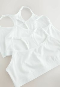 Kolm valget puuvillast spordirinnahoidjat, millel on reguleeritavad rihmad, võistlusselja disain ja pehme elastne riba, millel on reljeefne tekst.