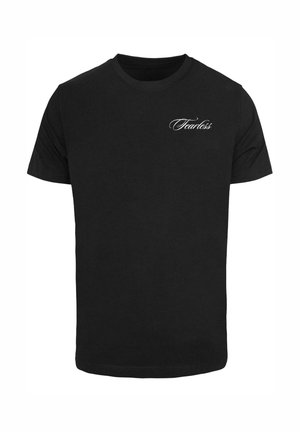 Black cotton t-shirt with short sleeves and a round neckline, featuring the word "Fearless" in white cursive text on the upper left.