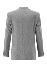 Gray textured blazer with a subtle herringbone pattern, single-breasted design, notched lapels, and button accents on the sleeves.
