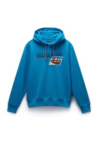 Felpa con cappuccio blu realizzata in tessuto morbido, con un logo grafico sul davanti, tasca a marsupio, cappuccio con lacci e polsini a costine.