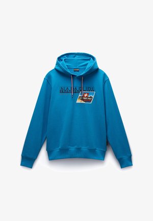 Sudadera con capucha azul, fabricada en un material suave, con un logo gráfico en la parte frontal. Presenta un bolsillo tipo canguro, capucha con cordón y puños acanalados.