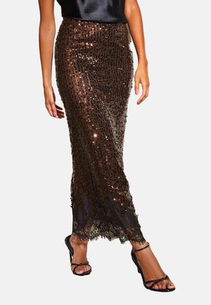 Friends Like These, PETITE FIT - LACE HEM SEQUIN MIDI SKIRT - Maxi skirt - chocolate brown