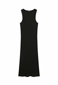 Robe débardeur côtelée noire avec un design sans manches. Présente une silhouette droite et un ourlet à la hauteur du genou avec une texture lisse.