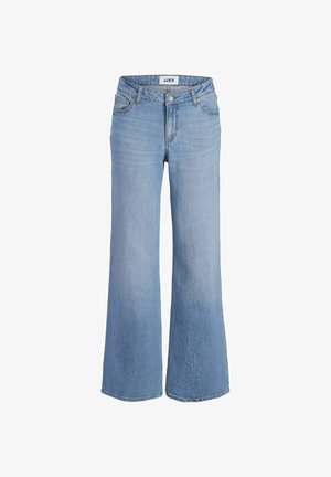 Lyseblå høy midje vide bukser med frontknapp, glidelås, beltehemper og merket JJXX på linningen.