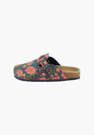 Bloemenklompen in marineblauw met roze en groene bloemen, voorzien van een verstelbare gesp, een kurken voetbed en een geprofileerde rubberen zool.