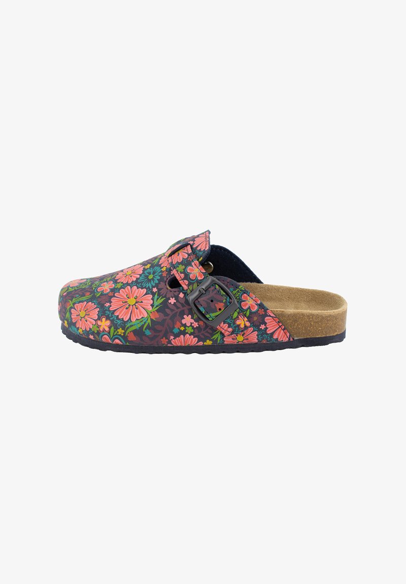 Bloemenklompen in marineblauw met roze en groene bloemen, voorzien van een verstelbare gesp, een kurken voetbed en een geprofileerde rubberen zool.