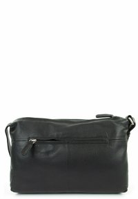 Borsa a spalla nera in pelle con superficie testurizzata, forma rettangolare, chiusura con cerniera nella parte superiore e tasca posteriore con cerniera.