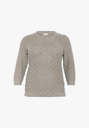 Hellgrauer gestrickter Pullover mit einem strukturierten, gewellten Muster, Rundhalsausschnitt und 3/4-Ärmeln. Ribbed Saum und Bündchen.