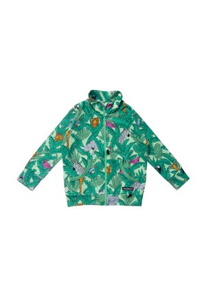 Grüne Jacke mit Reißverschluss und Dschungel-Tiermustern, darunter Giraffe, Zebra, Nashorn, Tiger und tropischen Blättern, mit zwei Fronttaschen.