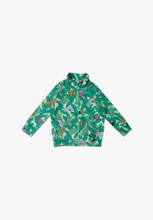 Grüne Jacke mit Reißverschluss und Dschungel-Tiermustern, darunter Giraffe, Zebra, Nashorn, Tiger und tropischen Blättern, mit zwei Fronttaschen.