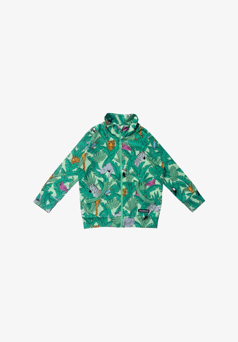 Grüne Jacke mit Reißverschluss und Dschungel-Tiermustern, darunter Giraffe, Zebra, Nashorn, Tiger und tropischen Blättern, mit zwei Fronttaschen.