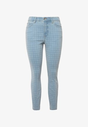 Helle blaue Denim-Jeans mit einem subtilen Muster. Enger Schnitt, mittlere Taille, fünf Taschen und ein Knopfverschluss mit Reißverschluss.