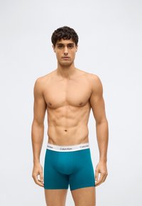 Mladý muž s krátkými tmavými vlasy, oblečený v těsných boxerkách v odstínu teal se bílým páskem Calvin Klein, stojící před jednoduchým světlým pozadím.