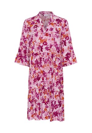 Sukienka w kwiaty z dekoltem w serek, krótkimi dzwonkowymi rękawami i warstwowym fasonem. Posiada różową bazę z pomarańczowymi i fioletowymi kwiatami, wykonana z lekkiego materiału.
