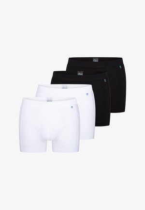 Vier Paar Herren-Boxershorts: zwei weiße vorne und zwei schwarze hinten. Hergestellt aus weichem Stoff mit enger Passform.