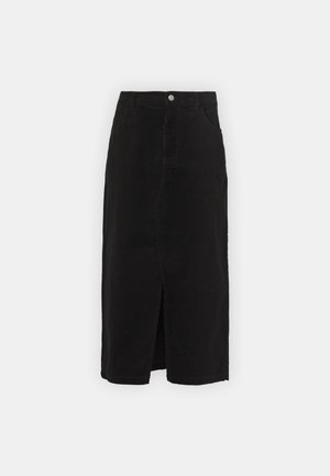 Schwarze Denim-Midikleid mit einem Schlitz vorne, klassischem Five-Pocket-Design und einem silbernen Knopfverschluss an der Taille.