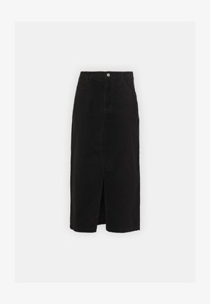 Mustmust värvi midi seelik, millel on ees lõhik, klassikaline viie tasku disain ja hõbedane nööp sulgemiseks taljes.