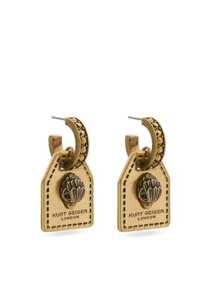 Gold-tone earrings with a tag design, featuring a hand motif and "Kurt Geiger London" engraving, embellished with circular stone accents.