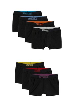 Acht Paare schwarze Baumwollboxershorts, jeweils mit farbigen Taillenbändern und gestickten Tagesetiketten: Montag bis Sonntag, Dienstag bis Donnerstag.
