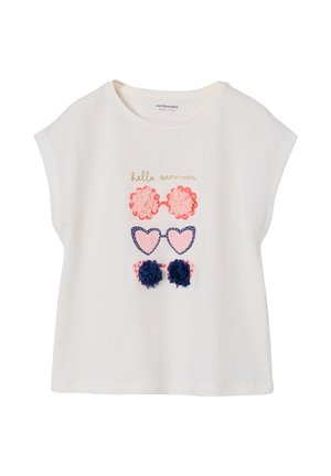 White children's T-shirt with short sleeves, featuring three pairs of decorative sunglasses and "hello summer" text in gold above them.