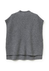 Maglione grigio lavorato a maglia con colletto alto, maniche corte e texture a coste, caratterizzato da una forma ampia e morbida e un orlo dritto sul fondo.