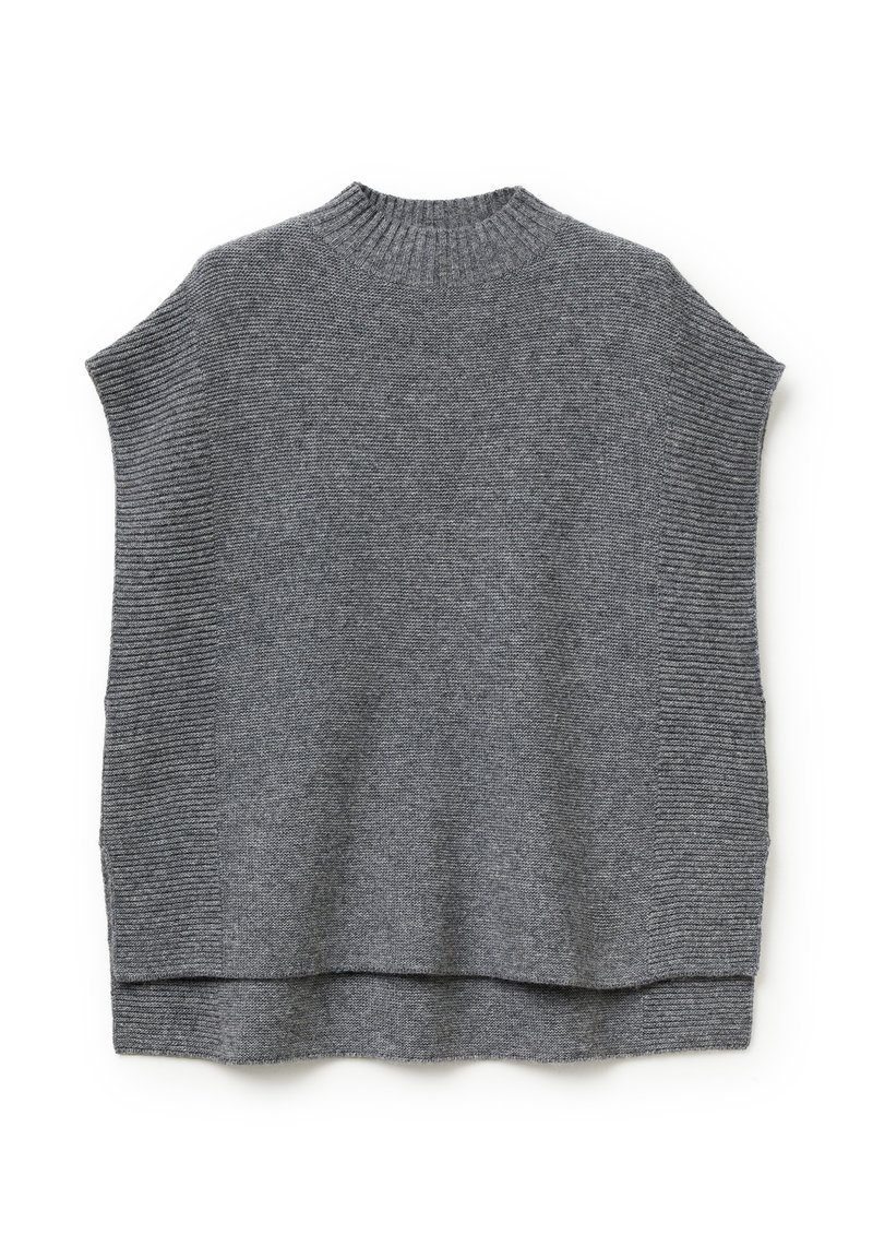 Maglione grigio lavorato a maglia con colletto alto, maniche corte e texture a coste, caratterizzato da una forma ampia e morbida e un orlo dritto sul fondo.