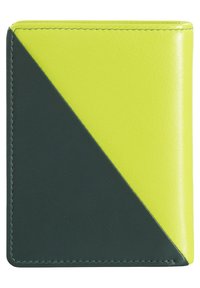 Bi-color wallet made of smooth leather, featuring a green and bright yellow diagonal design. Stitched edges highlight its structured shape.