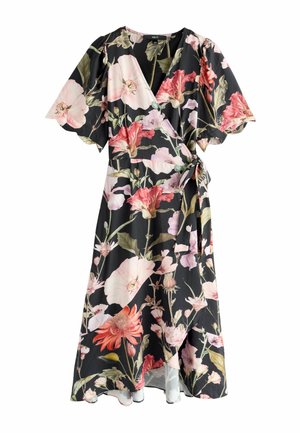 Black wrap dress with pink, red, and white floral print, short flutter sleeves, and side tie belt, knee-length.