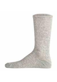 Graue Baumwollsocke mit geripptem Muster, Knöchelhöhe und verstärkter Zehenpartie. Glatte Oberfläche ohne sichtbare Muster oder Akzente.