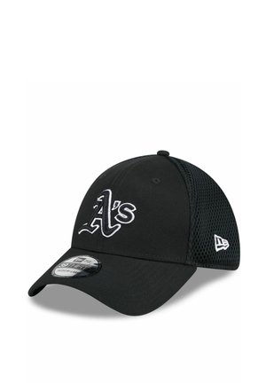 Black baseball cap with white "A's" logo on front and mesh back panels, sized medium-large with New Era branding on side.