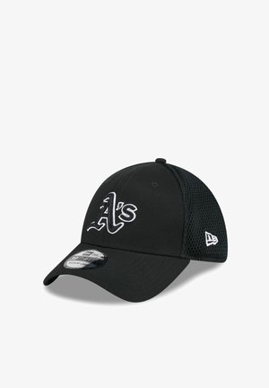 Black baseball cap with white "A's" logo on front and mesh back panels, sized medium-large with New Era branding on side.