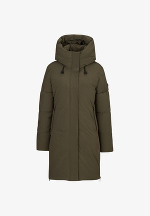 Gevoerde parka in olijfgroen, met een hoge kraag, capuchon, lange mouwen, een rits aan de voorkant en zijzakken met ritsen. Soepele textuur.