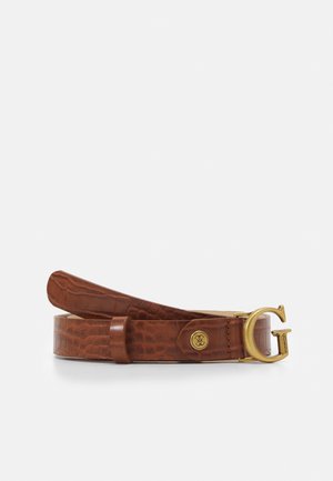 Ceinture en cuir marron texturé avec boucle circulaire dorée mettant en avant un "G" et un petit détail de logo rond doré sur la sangle.